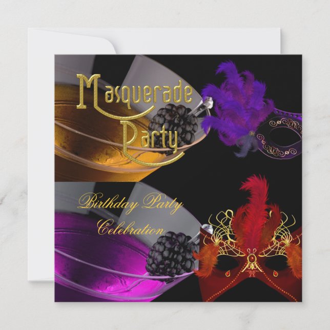 Masquerade Birthday Party Purple Red Gold Masks Invitation (Front)