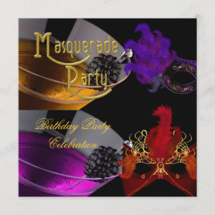 Masquerade Birthday Party Purple Red Gold Masks Invitation