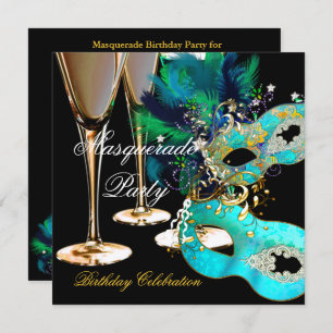 Masquerade Birthday Party Teal Blue Gold Masks Invitation