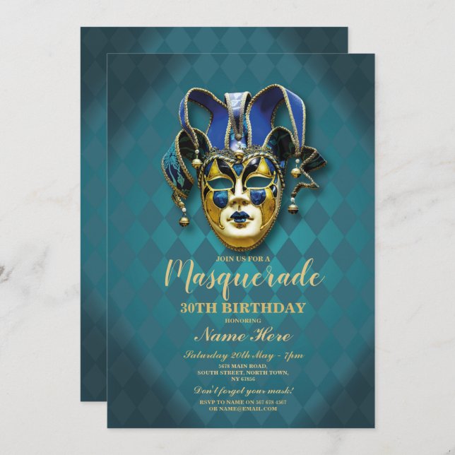 Masquerade Birthday Party Teal Gold Mask Invite (Front/Back)