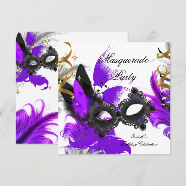 Masquerade Birthday Purple Mask White Black Invitation (Front/Back)