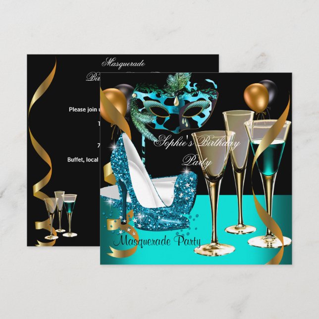 Masquerade Birthday Teal Gold Wine Stiletto 2 Invitation (Front/Back)