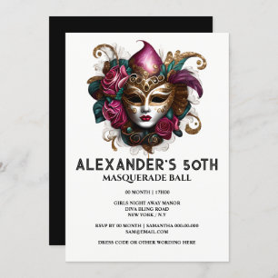 Masquerade birthday Venetian face mask floral glam Invitation