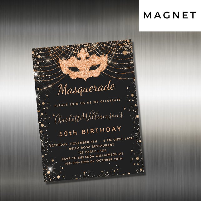 Masquerade black gold birthday invitation magnet (Creator Uploaded)