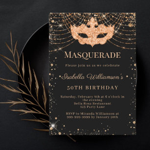 Masquerade black gold birthday party invitation