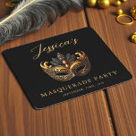 Masquerade Black Gold Birthday  Square Paper Coaster<br><div class="desc">Celebrate in style with this elegant black and gold masquerade birthday square paper coaster. Perfect for masquerade balls, milestone birthdays, or glamourous themed parties, this design features ornate gold mask accents on a deep black background. A luxurious touch for any celebration—customisable text makes it easy to personalise for your event....</div>
