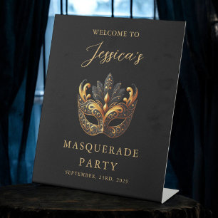 Masquerade Black Gold Birthday Welcome Pedestal Sign