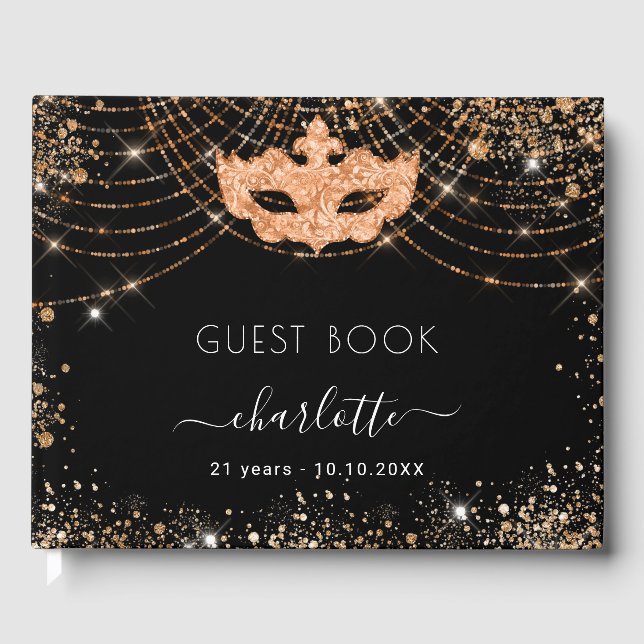 Masquerade black gold glitter birthday guest book (Front)