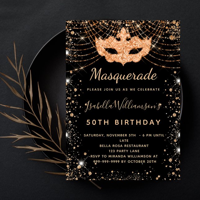 Masquerade black gold glitter birthday party invitation (Creator Uploaded)