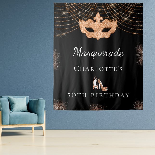 Masquerade black gold glitter birthday party tapestry (Creator Uploaded)