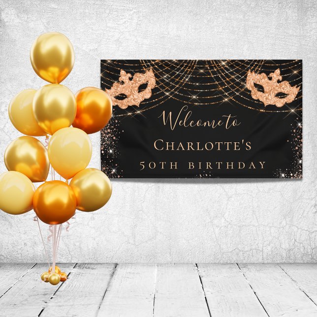 Masquerade black gold glitter dust birthday party banner (Creator Uploaded)