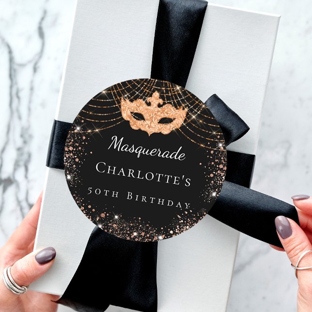 Masquerade black gold glitter dust birthday party  classic round sticker (Creator Uploaded)
