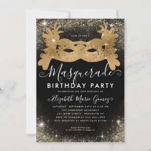 Masquerade Black Gold Glitter Dust Birthday Party Invitation