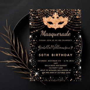 Masquerade black gold glitter dust birthday party invitation