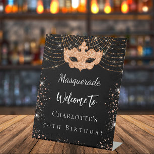 Masquerade black gold glitter dust birthday party pedestal sign