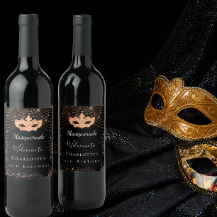 Masquerade black gold glitter dust birthday party wine label