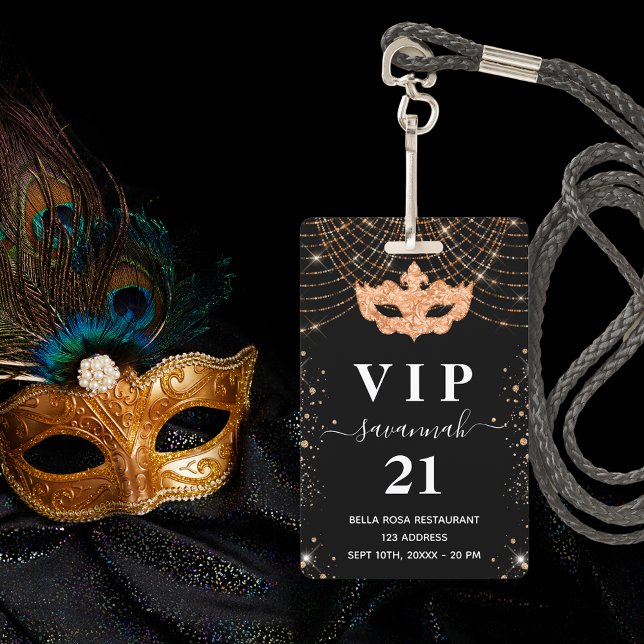 Masquerade black gold glitter vip invitation badge ID badge (Creator Uploaded)