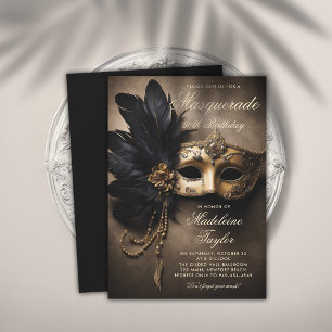 Masquerade Black Gold Mask Moody 50th Birthday Invitation