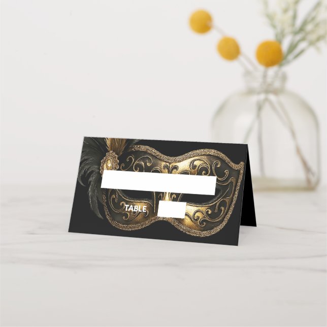 Masquerade black gold mask name place card (Front)