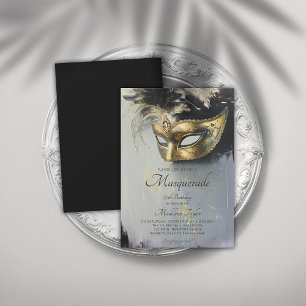 Masquerade Black Gold Mask Oil Art 50th Birthday Invitation