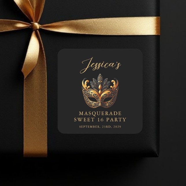 Masquerade Black Gold Sweet 16 Birthday Party Square Sticker (Creator Uploaded)