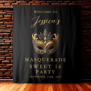 Masquerade Black Gold Sweet 16 Birthday Welcome Tapestry
