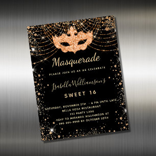 Masquerade black gold Sweet 16 invitation magnet