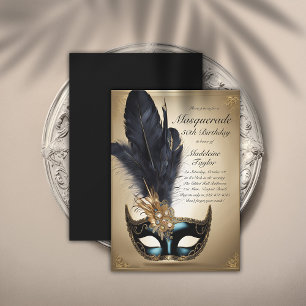 Masquerade Black Gold Venice Mask 50th Birthday Invitation