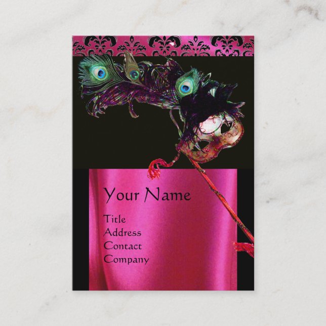 MASQUERADE BLACK PINK FUCHSIA SILK DAMASK CLOTH BUSINESS CARD (Front)