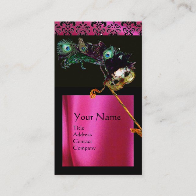 MASQUERADE BLACK PINK FUCHSIA SILK DAMASK CLOTH BUSINESS CARD (Front)