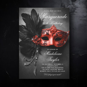 Masquerade Black Red Elegant Chic 50th Birthday Invitation