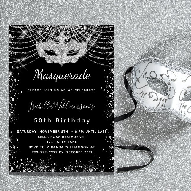 Masquerade black silver luxury birthday party  invitation (Creator Uploaded)