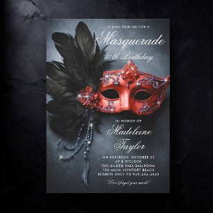 Masquerade Black Silver Red Navy 50th Birthday Invitation
