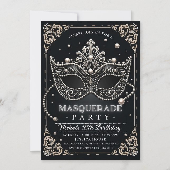 Masquerade Black White Birthday Invitation Party (Front)