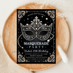 Masquerade Black White Birthday Party Invitation
