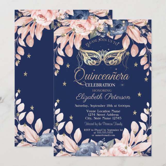 Masquerade,Blue Flowers,Gold Stars Quinceañera  Invitation (Front/Back)