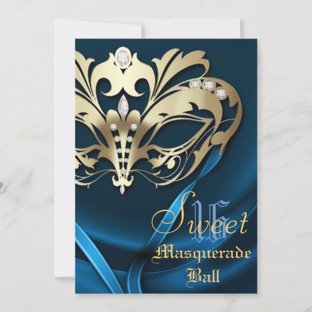 Masquerade Blue Jewelled Sweet 16 Invitation (Front)