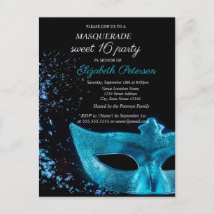 Masquerade Blue Masque Black Sweet 16 Invitation Postcard