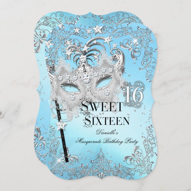Masquerade Blue Silver Sweet 16 Birthday Invitation (Front/Back)