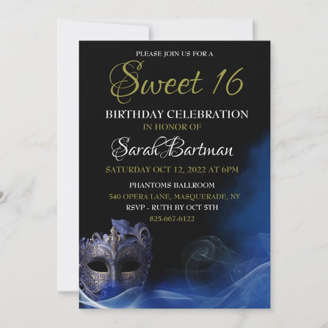 Masquerade Blue Sweet 16 Invitation (Front)