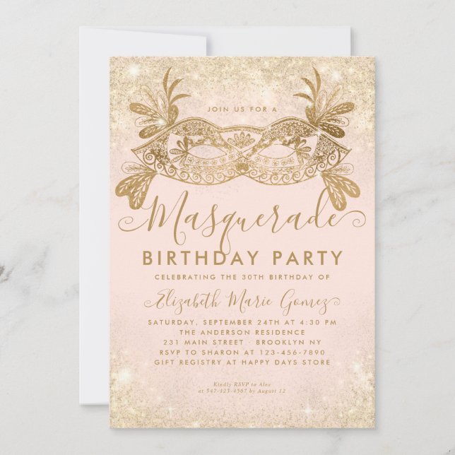 Masquerade Blush Pink Gold Glitter Birthday Party Invitation (Front)