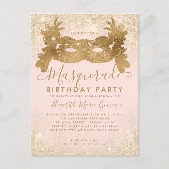 Masquerade Blush Pink Gold Glitter Birthday Party Postcard (Front)