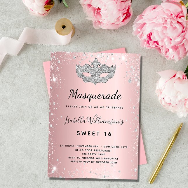 Masquerade blush pink silver Sweet 16 luxury Invitation (Creator Uploaded)