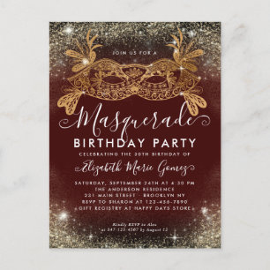 Masquerade Burgundy Gold Glitter Birthday Party Postcard