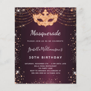 Masquerade burgundy rose gold birthday invitation