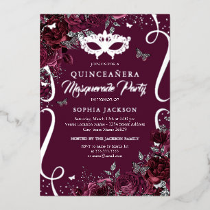 Masquerade Butterfly Burgundy Silver Quinceanera