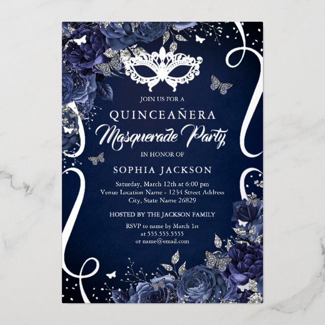 Masquerade Butterfly Navy Silver Quinceanera (Front)