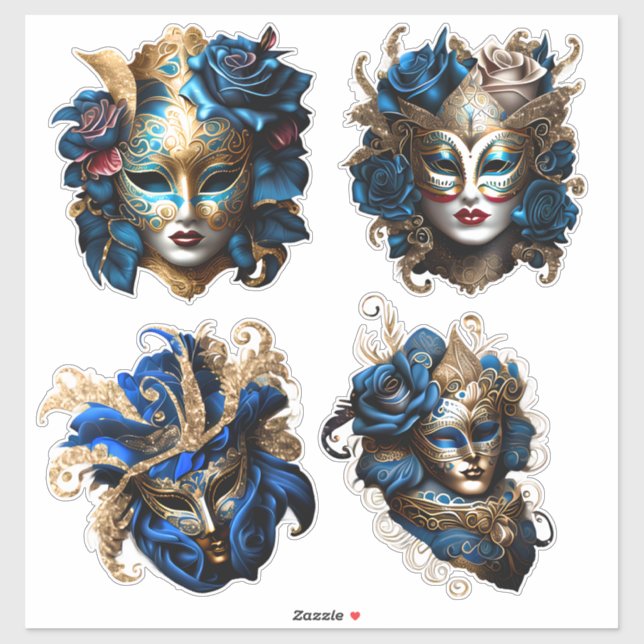 Masquerade carnival face masks blue gold Venetian  (Sheet)