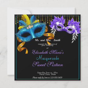 Masquerade Carnival Feather Masks Sweet Sixteen  Invitation