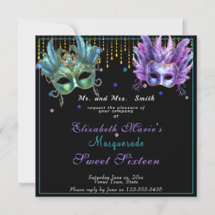 Masquerade Carnival Pink Turquoise Sweet Sixteen  Invitation